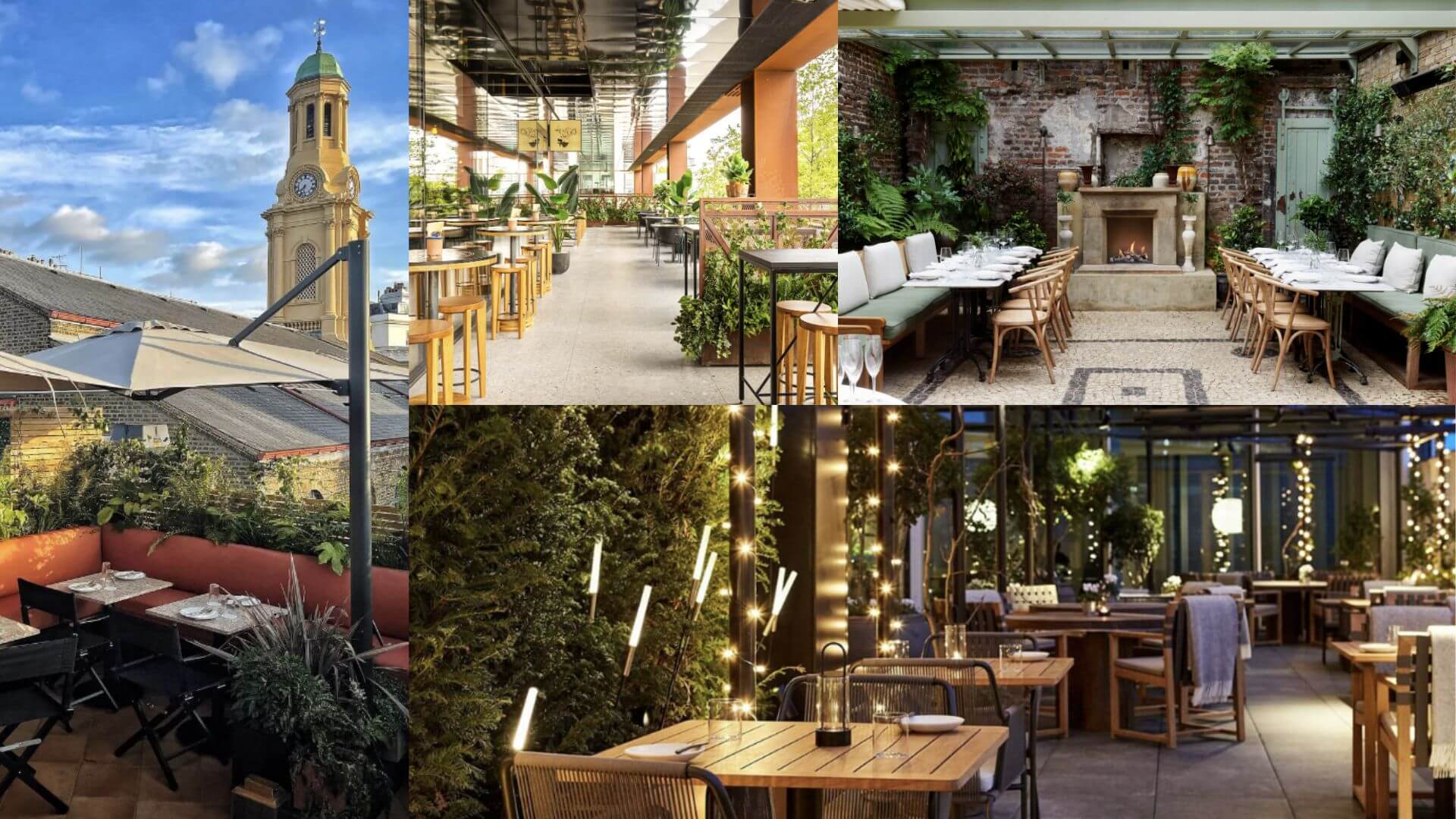 Collage of outdoor restaurants in London showcasing the lovely use of lighting and plants with outdoor furniture to create an inviting and relaxing dining experience.